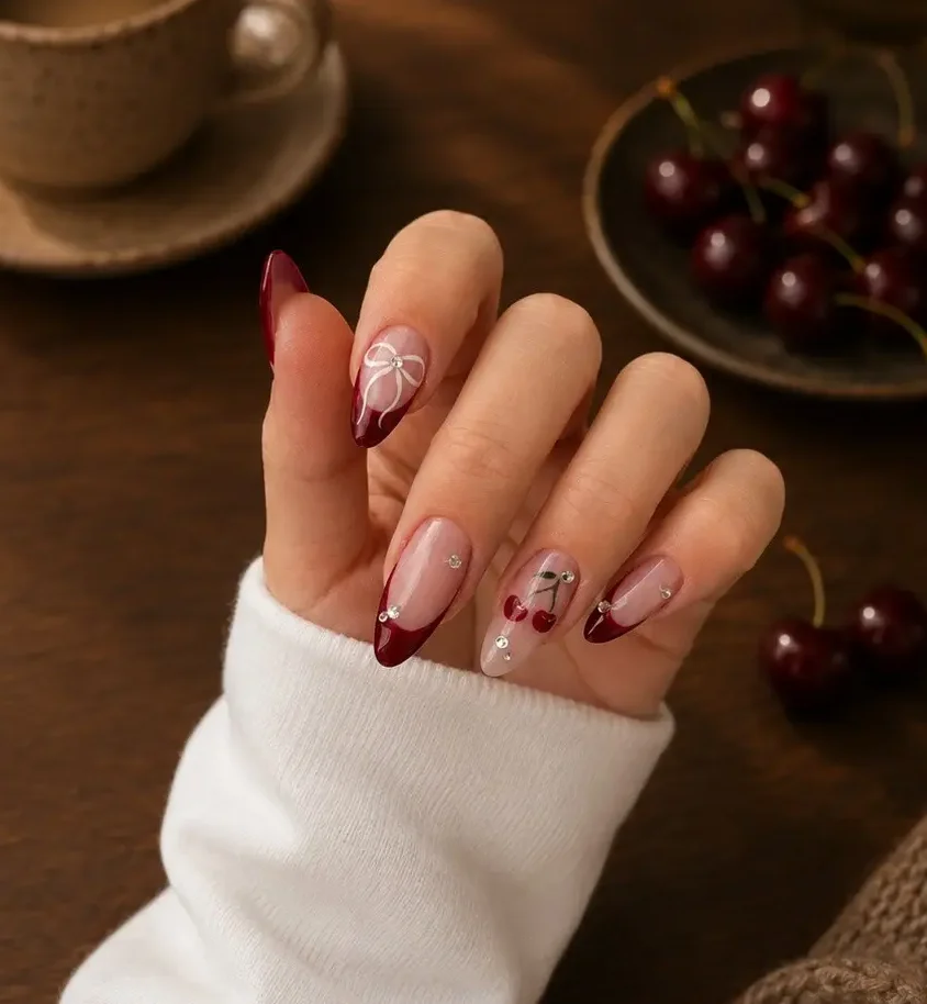 Cherry nails med burgunder tupp, nude base, hvit sløyfedetalj og håndmalte kirsebær på neglene.